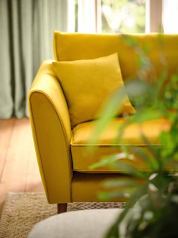 Keswick 4 Seater Chaise Split in Keswick Deluxe Velvet Mustard, £1799. Keswick Chair in Keswick Deluxe Velvet Mustard, £749.